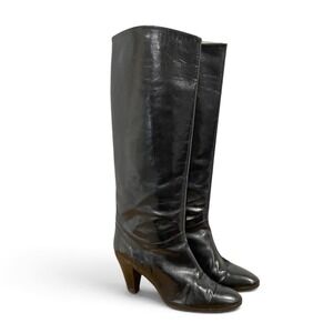 Vintage Galo Italy Black Leather Tall Boots Heel Size 7.5 Dark Academia Luxury